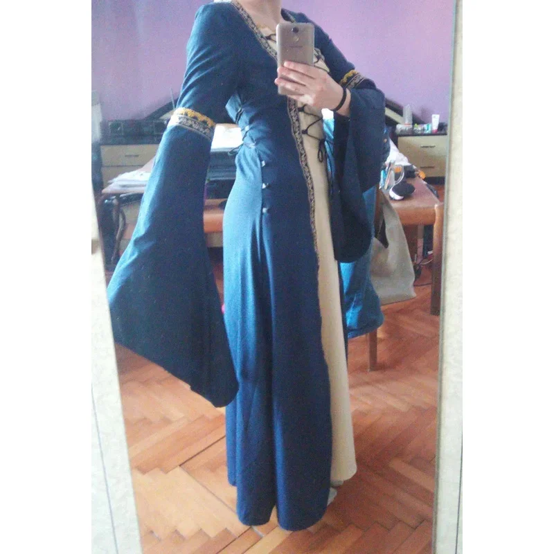 Women Medieval Dress Viking Cosplay Halloween Costumes Palace Noble Long Robes Ancient Bell Sleeve Princess Costume Dress