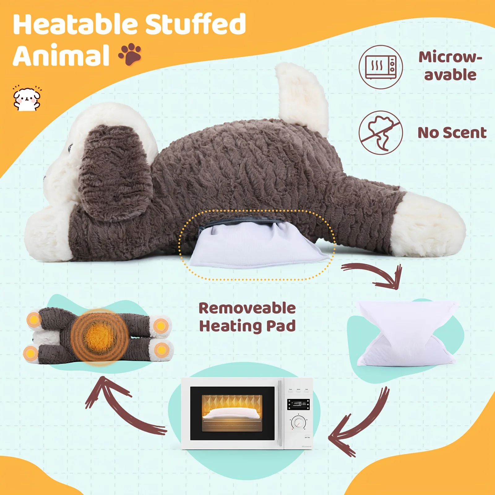 Weighted Stuffed Dog - 4lb Plush Puppy with Microwavable Heating Feature, Soft Polyester Fabric, Safety 3D Eyes,  Pet Toy