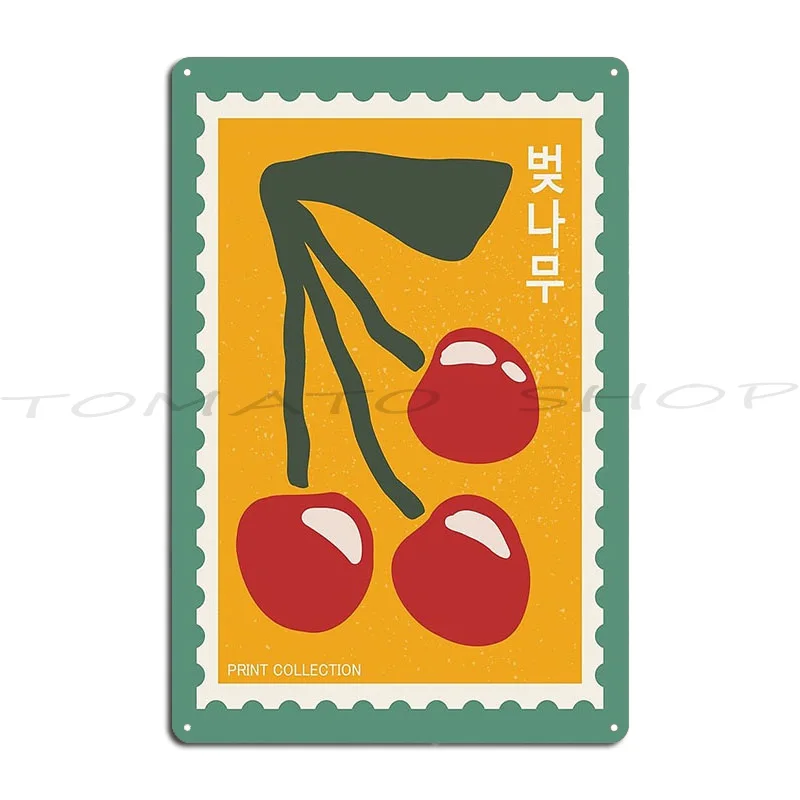 Cherry Cute Korean Retro 90S Stamps Aesthetic Metal Plaque Kitchen Pub Plates Party Pub Designer Tin Sign Poster