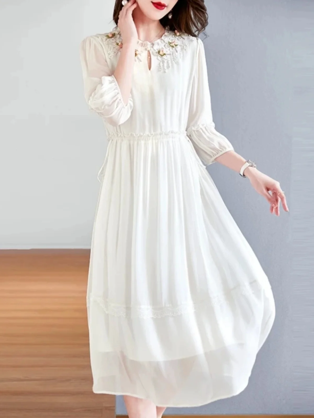 Ele White Silk Dr Damen Summer Faion Mom's Seidenrock Chiffon Material Bell Sve Midi Dr Pure Color