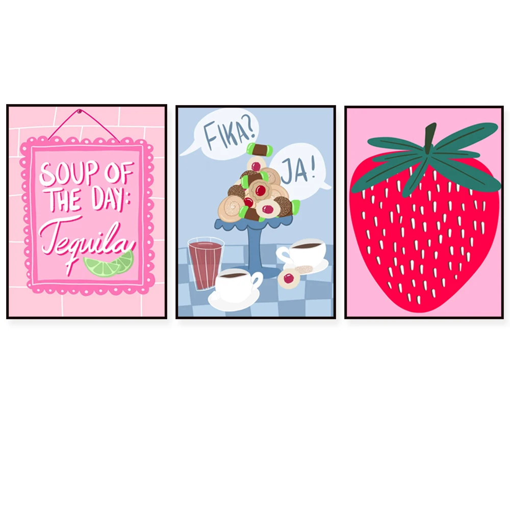 Fruit poster, peach, kiwi, dragon fruit, cherry, tequila, cake, colorful candies, ice cream, pastel kitchen aesthetic decoration