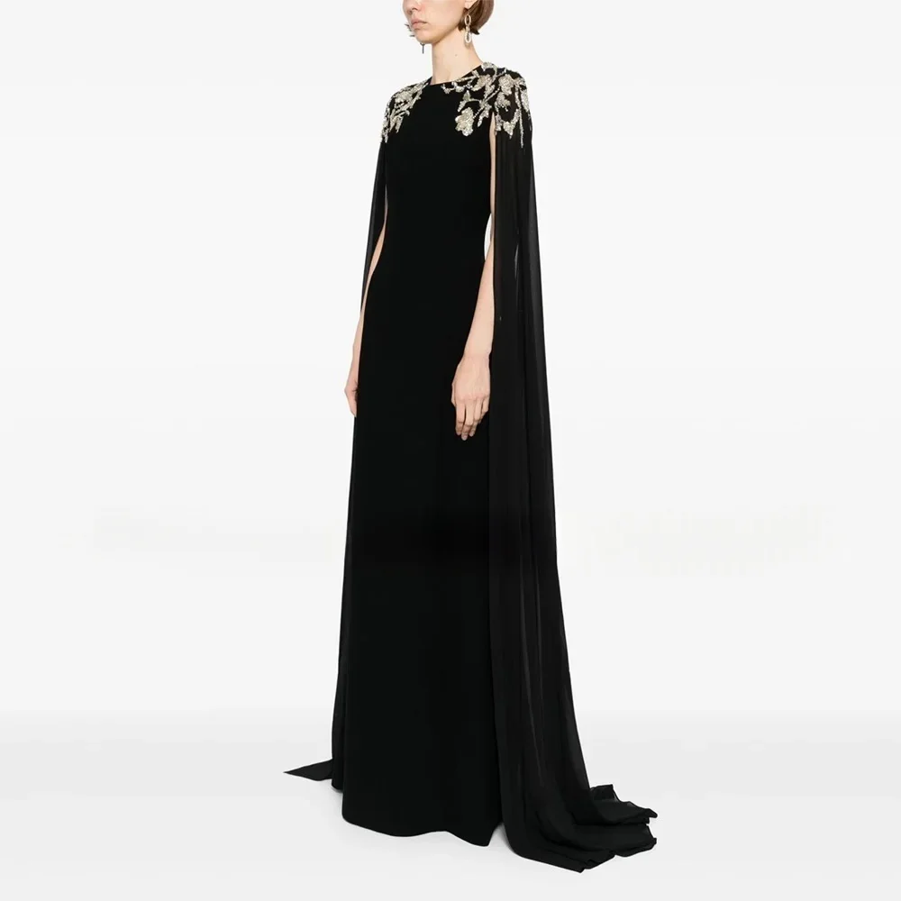 ثوب مسائي فاخر برقبة دائرية وأكمام كيب مزين فستان ماكسي مناسب لحفلات الزفاف فستان رسمي للحفلات للنساء