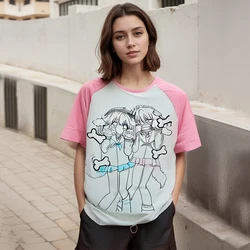 Subculture White Pink Patchwork Tees Women Summer 2024 Kawaii Cute Sweet Harajuku T Shirts Loose Casual Short Sleeves Tops