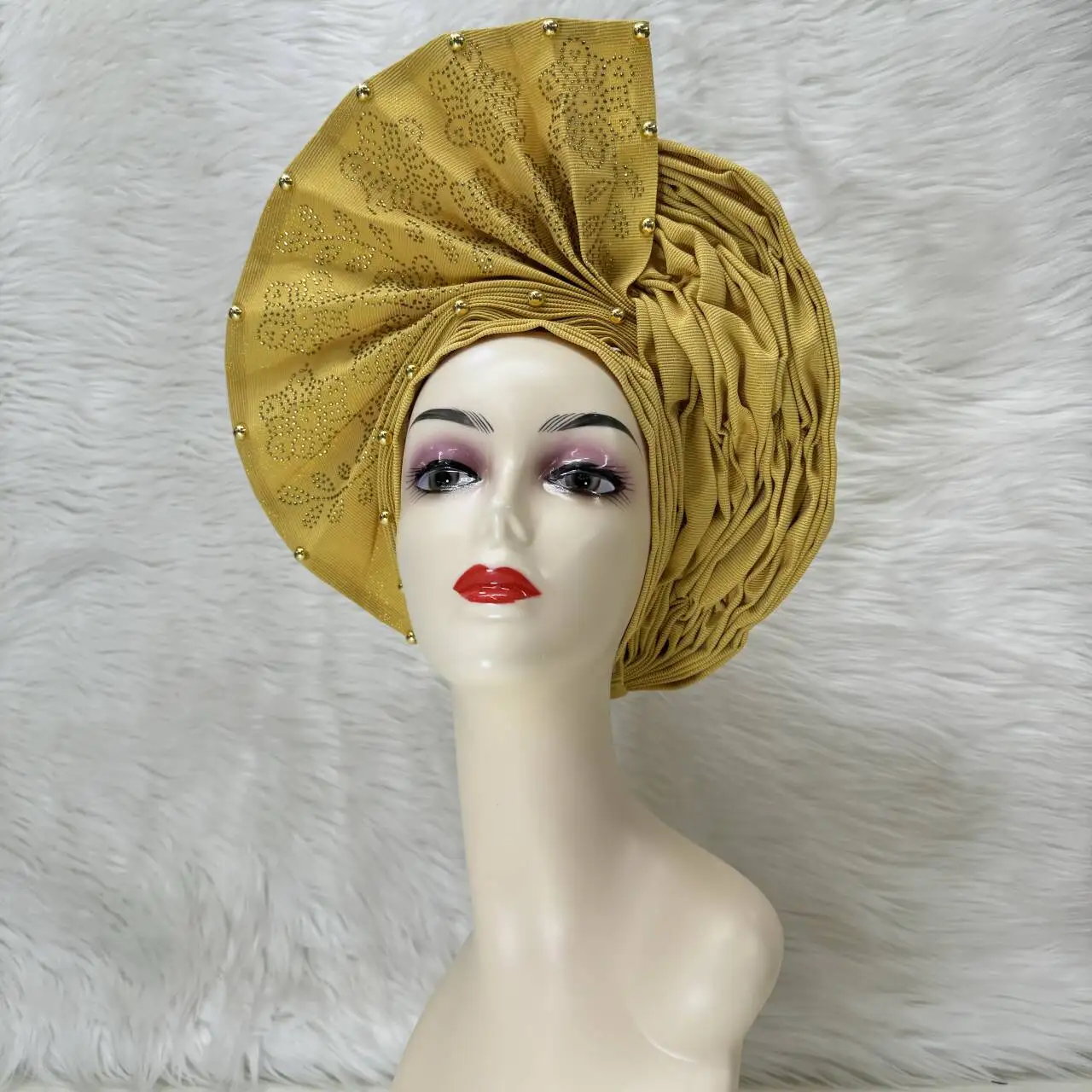 Latest Gold Head Wrap African Aso Oke Gele Headtie With Rhinestones African Turban Cap already Made Femme Hat For Wedding Party