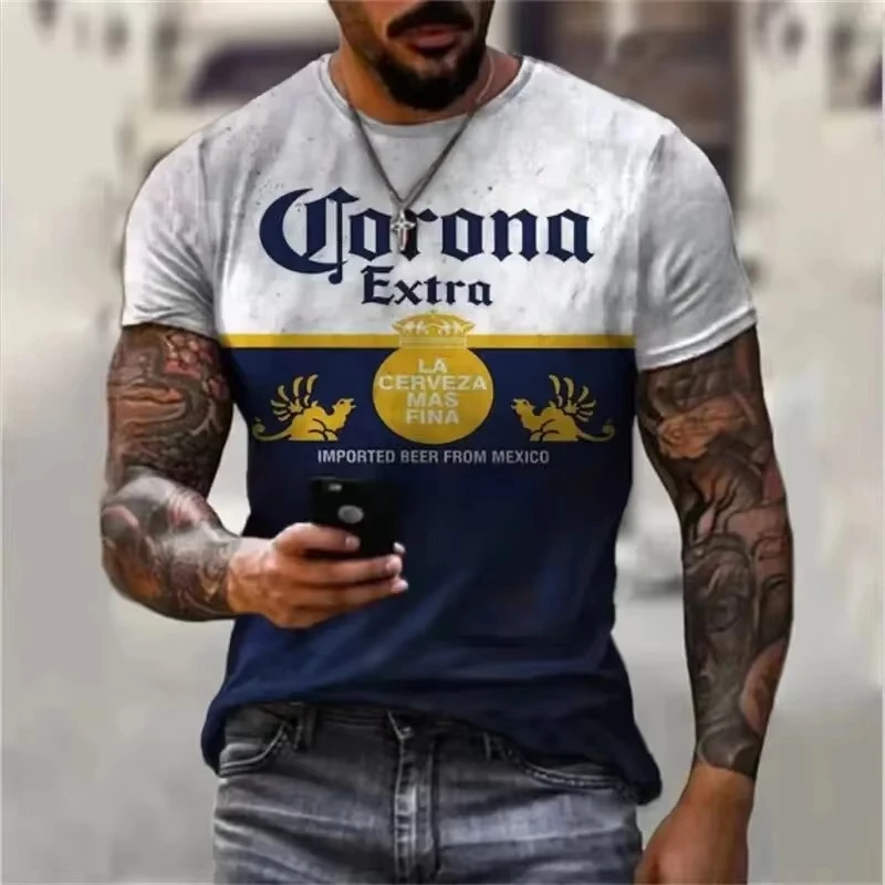 Camisa masculina de manga curta com estampa de cerveja, casual, plus size, roupa de rua, moda vintage, monograma, camisetas e tops masculinos