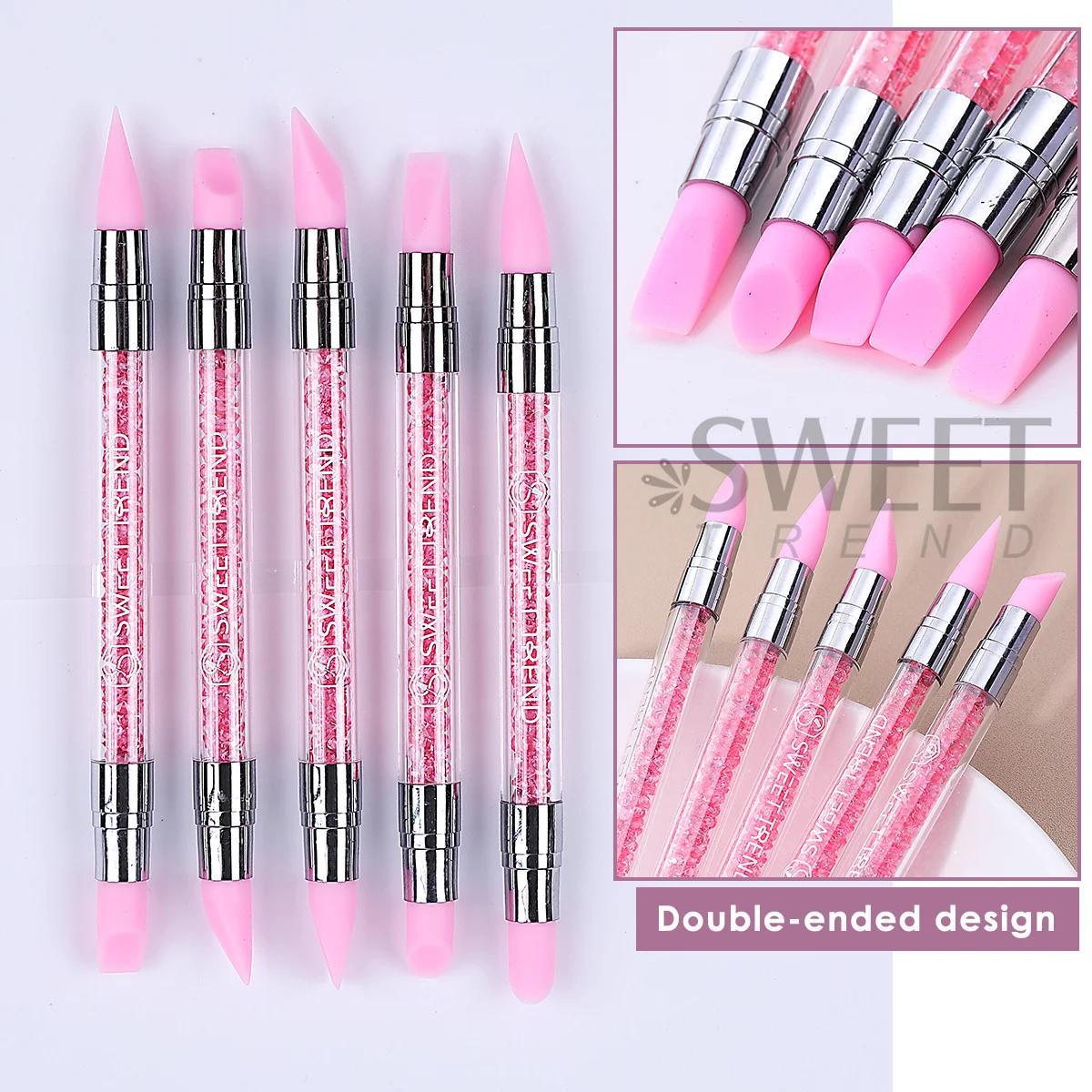 5pcs Pink Double-Ended Silicone Nail Sculpting Pen For 3D Flower Carving Brush Painting Tool Rhinestone Handle Manicure Supplies
