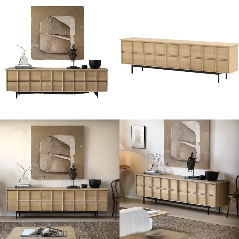 Nordic Oak TV Stand Wabi Sabi Sideboard 6 Drawer Living Room Storage Console Solid Wood Sofa Cabinet French Style Furniture