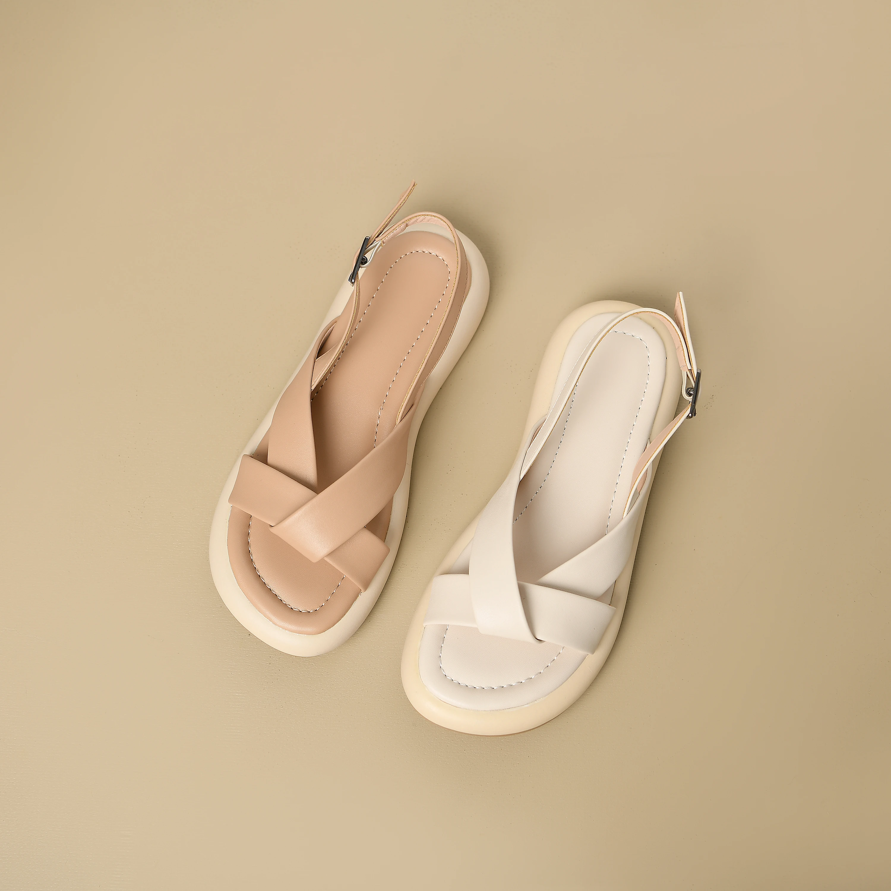 

New Ladies Shoes High Quality One-word Buckle Women's Sandals Summer Solid Ankle-wrap Open Toe Low-heeled Beach Sandals Women