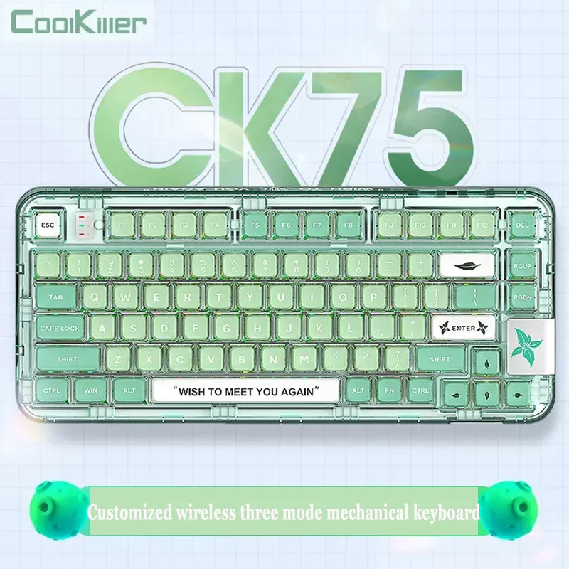 

CoolKiller CK75 Hot-Swap Bluetooth 2.4G Wireless RGB Mint Green Transparent Gasket Gaming Mechanical Keyboard RGB for Win/Mac