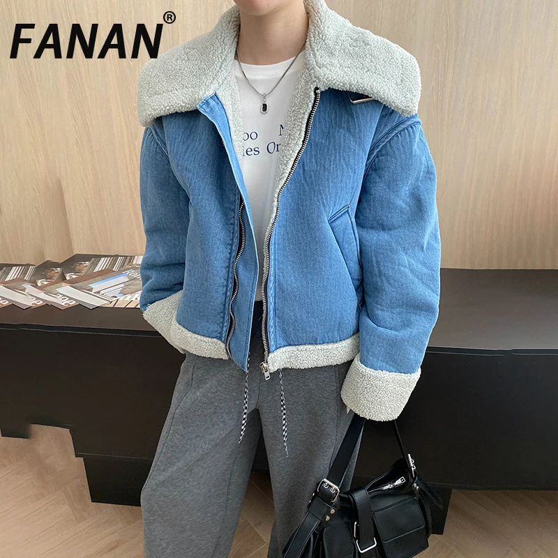 

FANAN Высококачественные пальто из овечьей шерсти и меха для женщин, толстые теплые куртки с длинными рукавами и лацканами, офисная женская джинсовая верхняя одежда, новинка 2023 года, зима