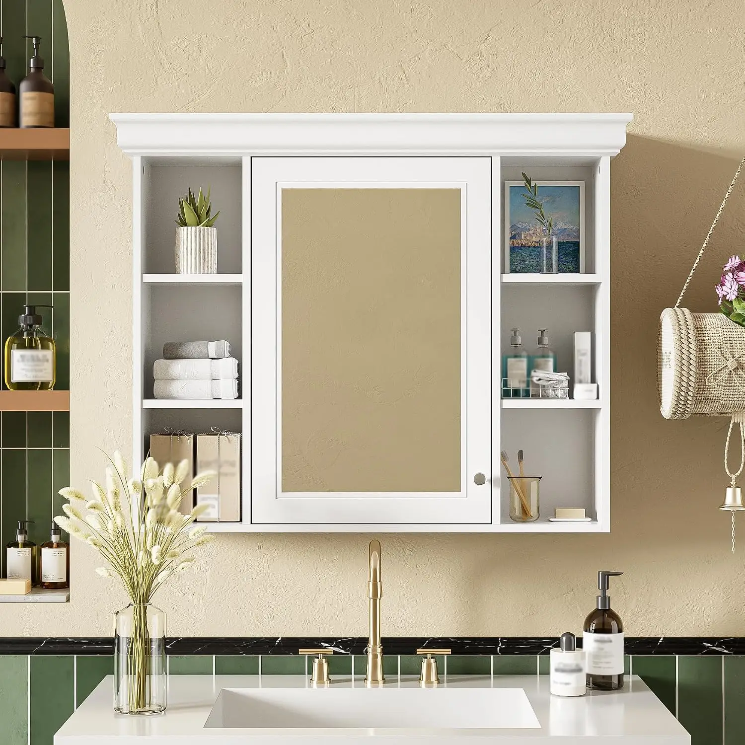 36 Inch Wall Mounted Medicine Cabinet with Mirror Door & Open Shelf, White | Mirror Door with Concealed Storage, Soft-Close Hing