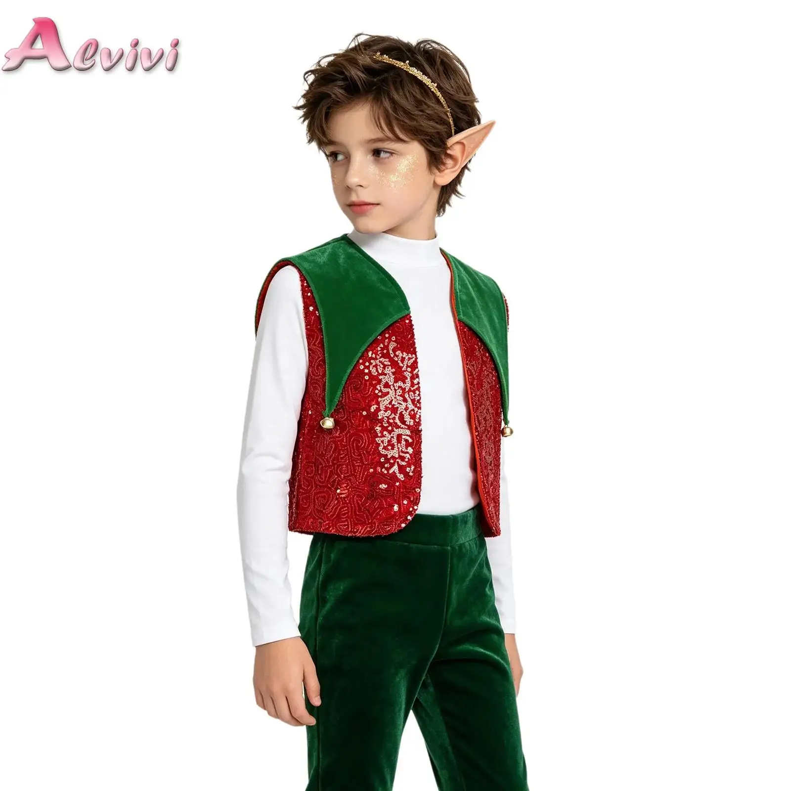 Kids Boys Girls Christmas Elf Costume Irregular Velvet Panel Bell Sequin Vest Open Front Color-blocked Waistcoat for Performance