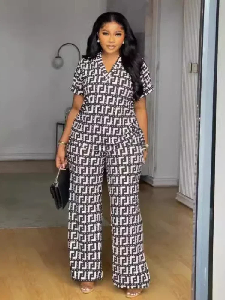 

Pants Set Summer Women's Printed Two Piece Set Short Sleeve Round Neck Loose Pants Fashion Pants Set