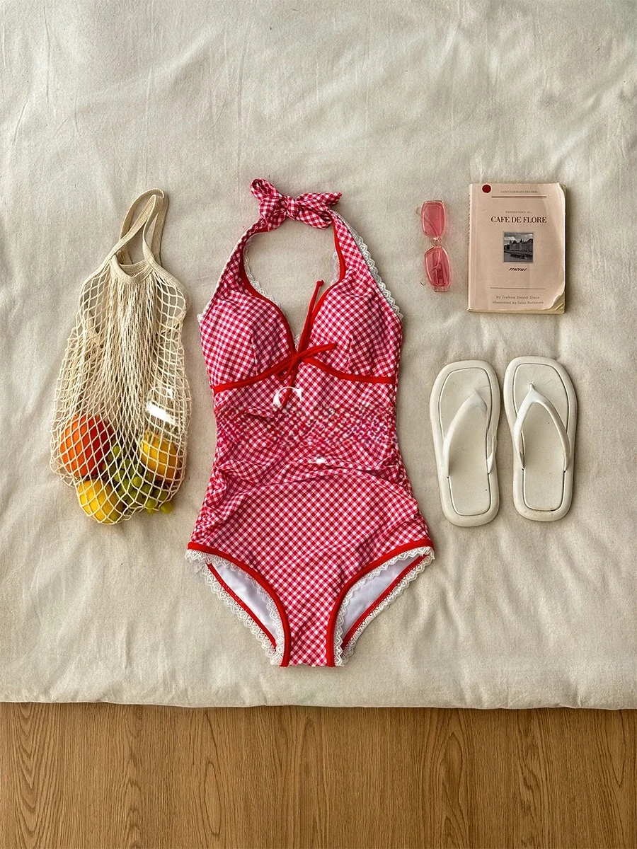 

Красный клетчатый купальник-платье в корейском стиле с юбкой, для отпуска, для горячих источников, сексуальный, соблазнительный, для отдыха