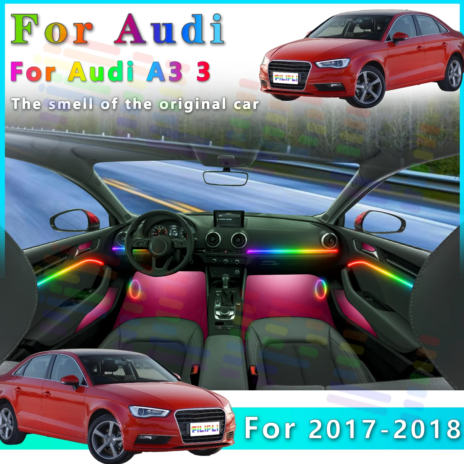 

FILIPLI для Audi A3 3, светодиодная 64-цветная RGB симфоническая внутренняя световая полоса для украшения салона автомобиля - улучшите впечатление вождения