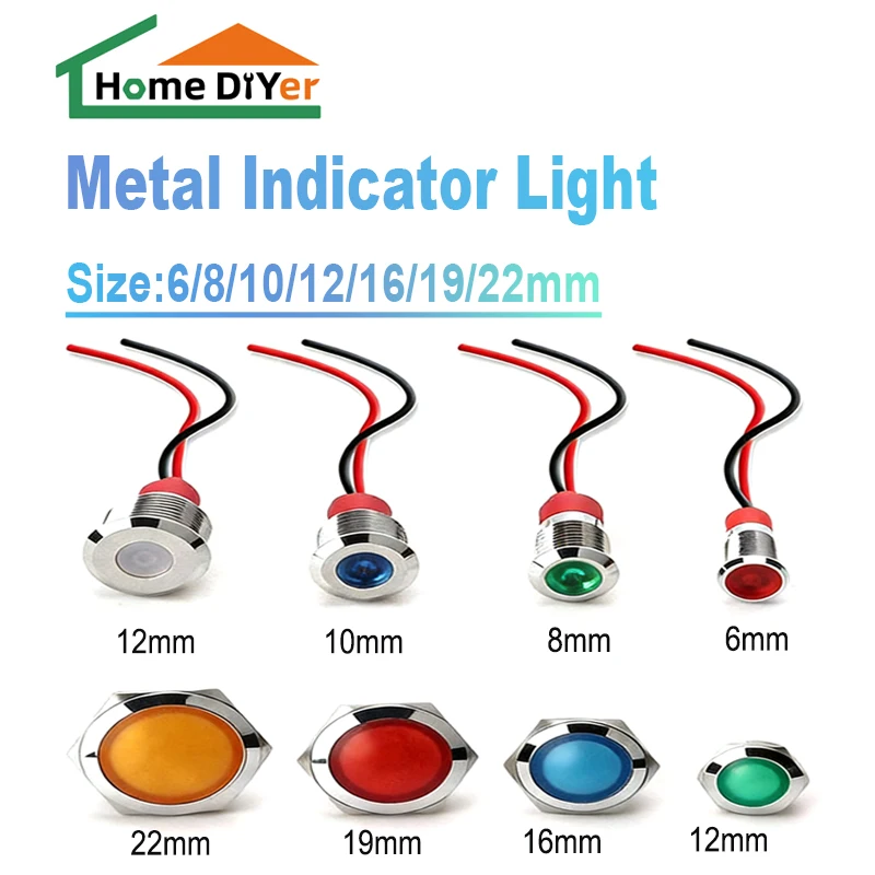 6/8/10/12/16/19/22MM LED Metal Indicator Light Waterproof Signal Light With Wire 3V ~ 220V Red/Yellow/Blue/Green/White