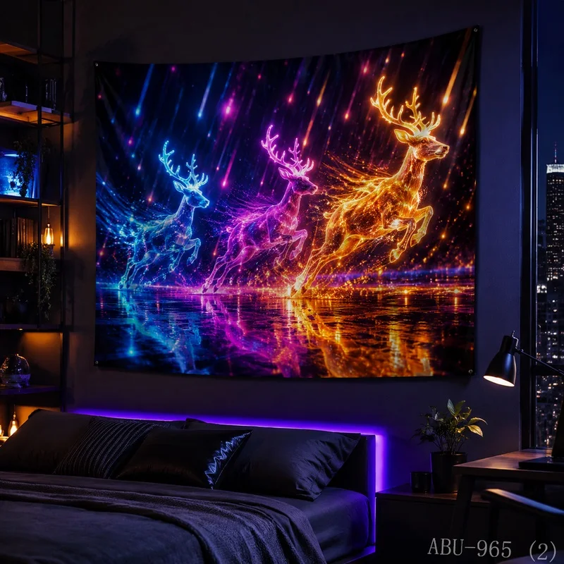 VIKAMA Reindeer Blacklight Glow Tapestry Wall Hanging, Soft Touch Print, Wall Art for Bedroom Dorm Party Game Room Bar Decor