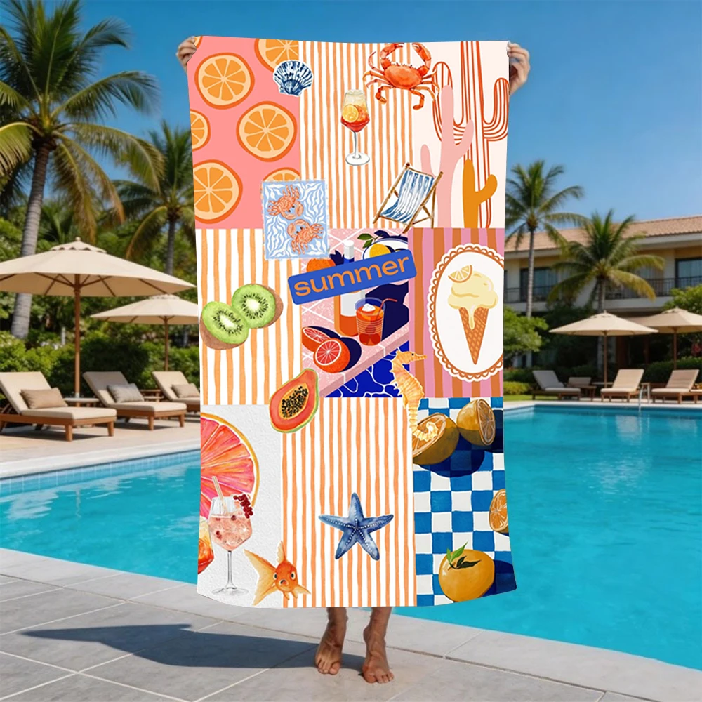 Orange Stripe Summer Fruit Seafood Collage Beach Towel Microfiber Sand Proof Pool Towel Summer Swim Outdoor Beach Essential