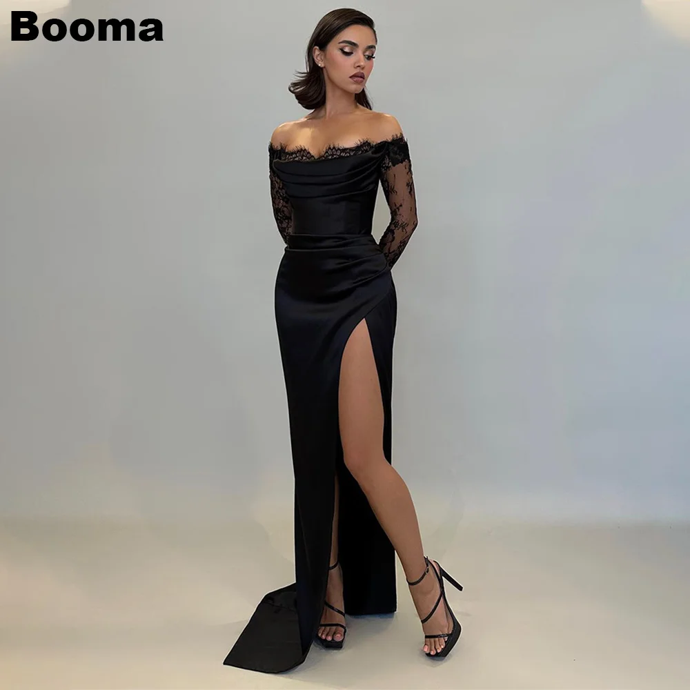 Booma Black Stain Mermaid Evening Dresses Boat Neck Lace Sleeves Formal Occasion Gowns Leg Slit Party Prom Dress for Women