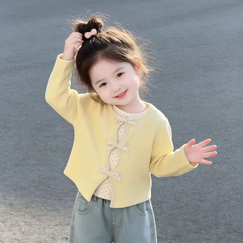 New Autumn Children Fake Two Piece Long Sleeve T-shirt Baby Girl Polka Dot Bow Cutout Front Base Top Kid Clothes Soft Undershirt