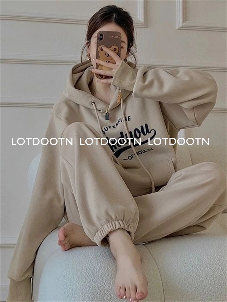 LOTDOOTN Winter Two Piece Sets Women Tracksuit 2023 Suit Autumn Trouser Suits Female Sweatshirt Solid Sports Hoodie Sportswear