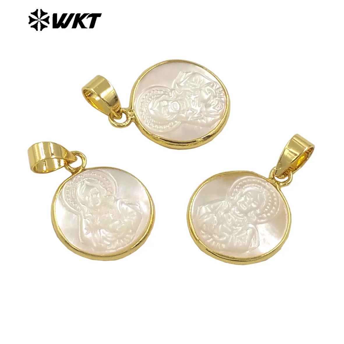 WT-JP375 Amazing Fashion Gold Plated Metal Around 16mm Natural Shell Carved Religious Jewelry Pendants