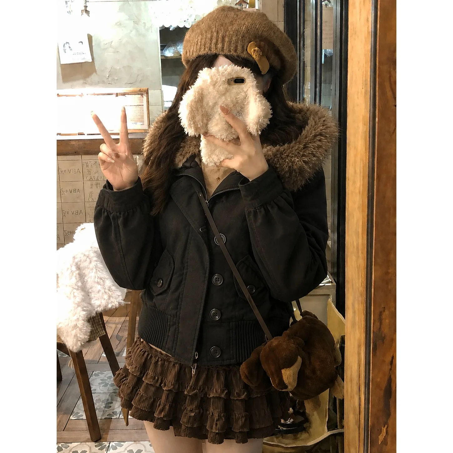 American Vintage Faux Fur Wool Zipper Jacket Hoodies Women's Overcoats Hooded Vintage Y2k Coats Ropa Casual Fashion Sweatshirt