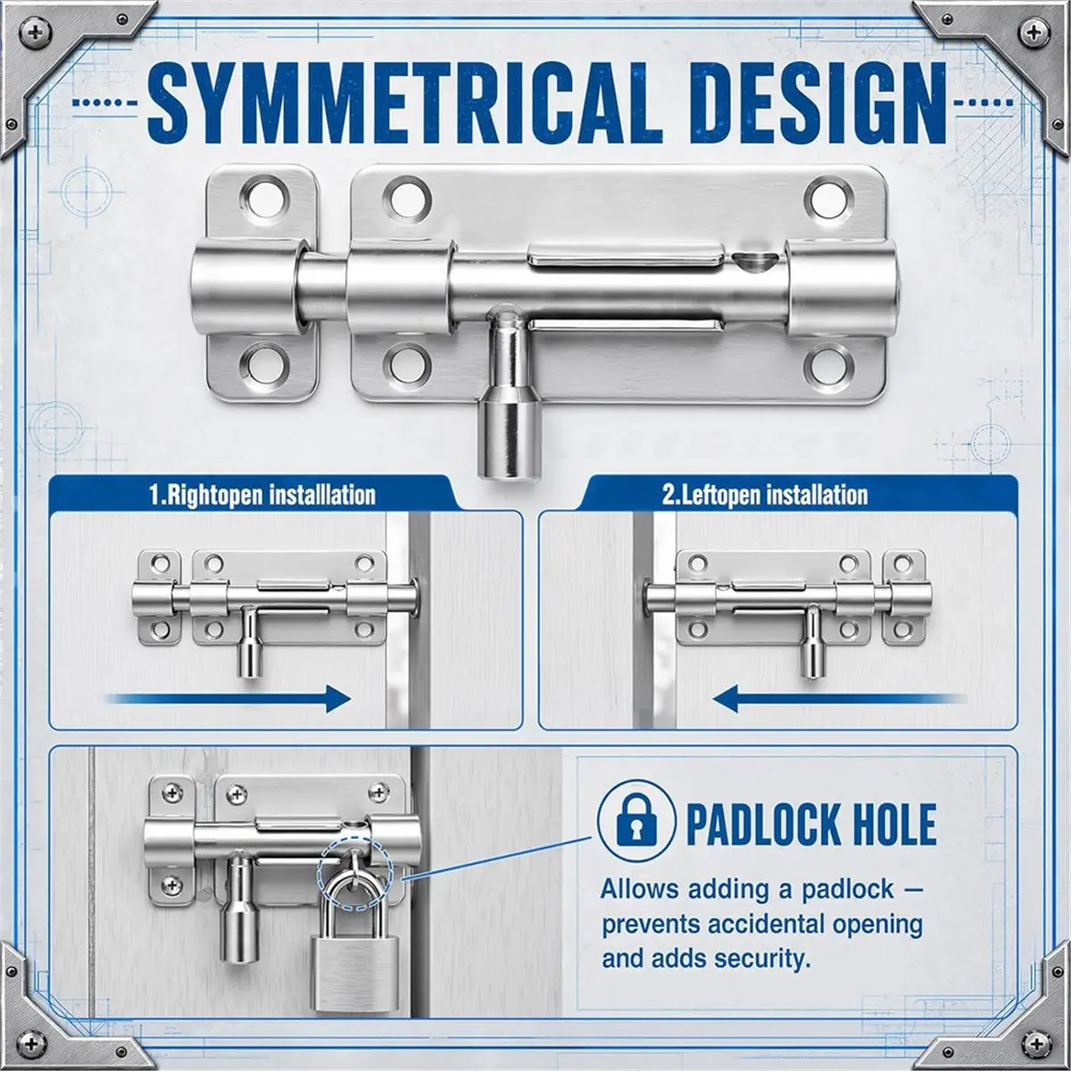 6Set Door Lock Bolt Slide Bolt Gate with Padlock Hole 304 Stainless Steel for Shed Barn Fence Garage