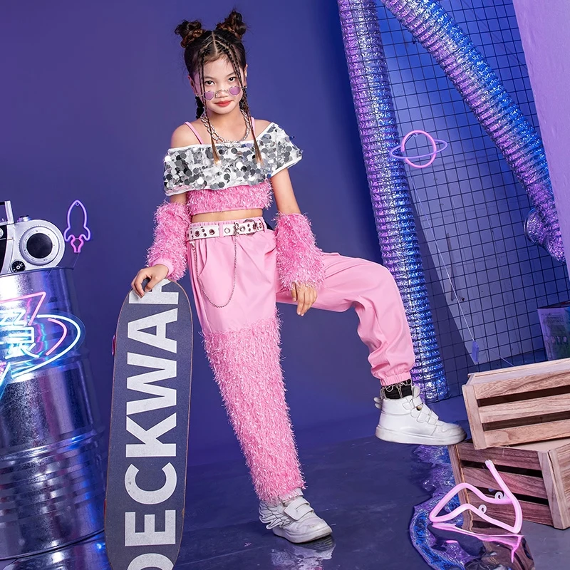 

New Girls Jazz Modern Dance Performance Costumes Sequin Crop Tops Hiphop Pants Suit Children Clothing Hip Hop Streetwear DQL8768