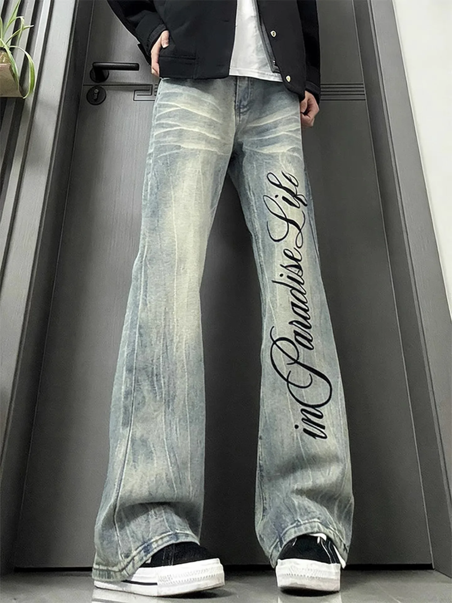 

Fla Pattern Lettering Men's Jeans mid Waist Straight Leg Bell Bot American Sle Winter Faion High Waist Slim Fit