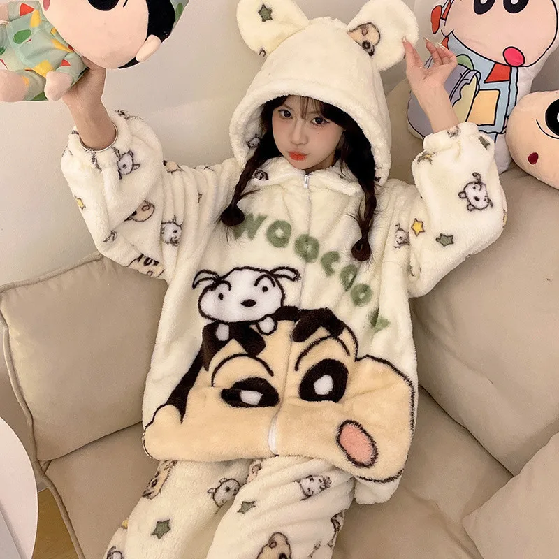 new Crayon Shin-Chan Couples Pajamas Women'S Coral Thickened Velvet Warm Lovely Home Service Suit Autumn Winter Plush Pajamas