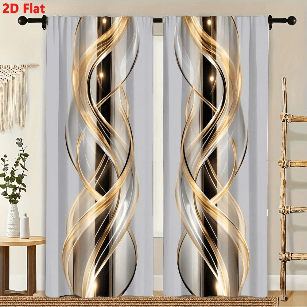 

2Pcs Curtains Abstract Gold And Silver Ribbons Window Drapes for Bedroom Room Decor Decoration Window Treatment.