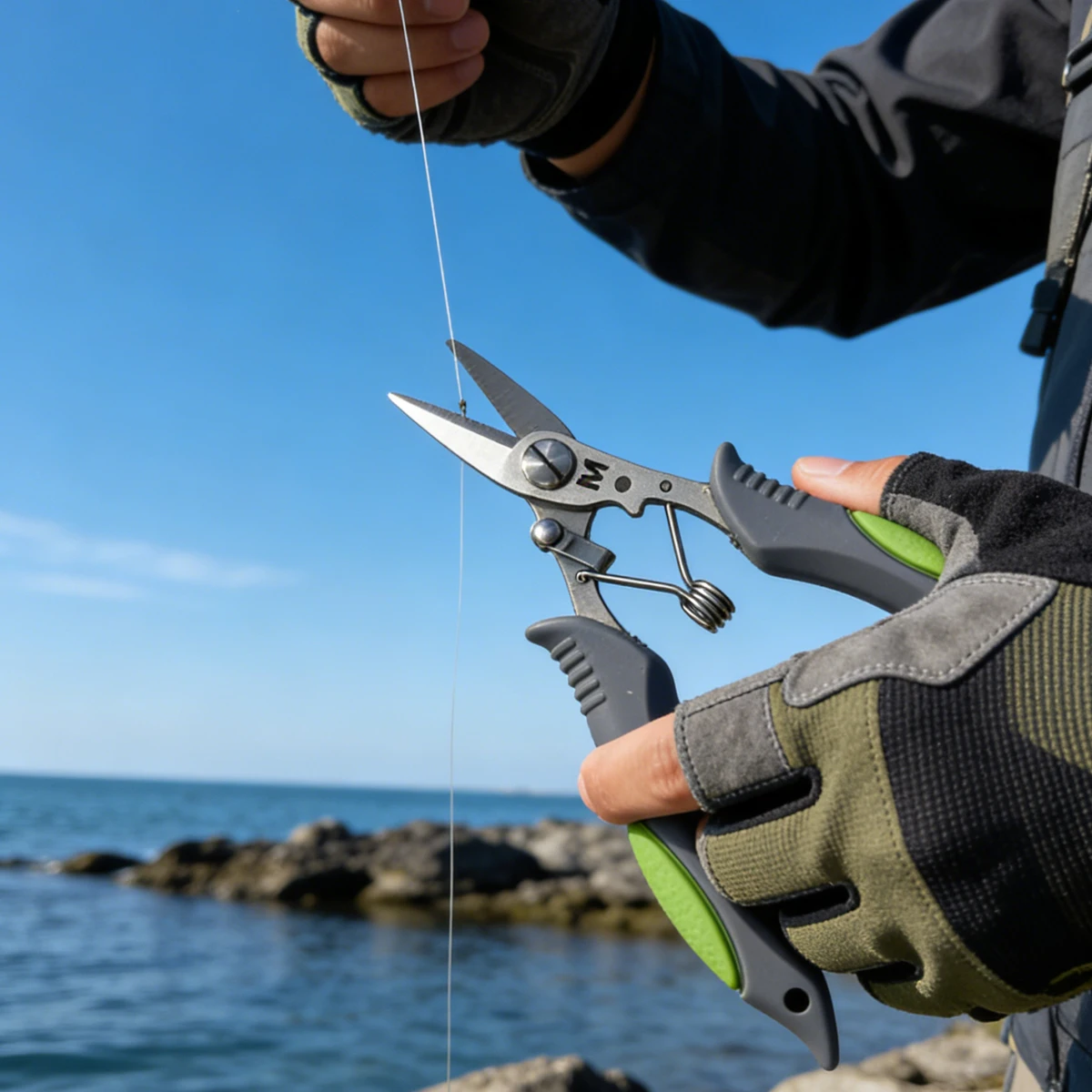 Mustad 5-Zoll Angelschere, Hochleistungs-Geflechtenschneider aus Edelstahl mit Spiegelpolitur, Soft-Grip-Griffen & Sicherheitsverriegelung für Schnüre – Detail 6