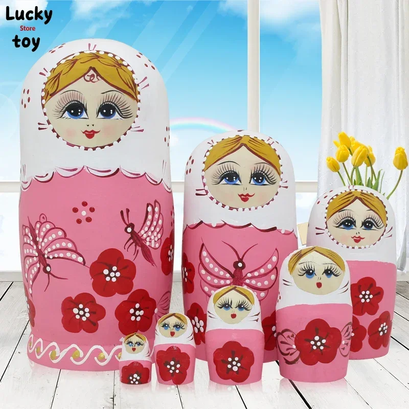 

7 Layer Russian Nesting Doll Pink Bee& Flowers Dry Basswood Traditional Ethnic Matryoshka Doll DIY Education Wooden Toys L30