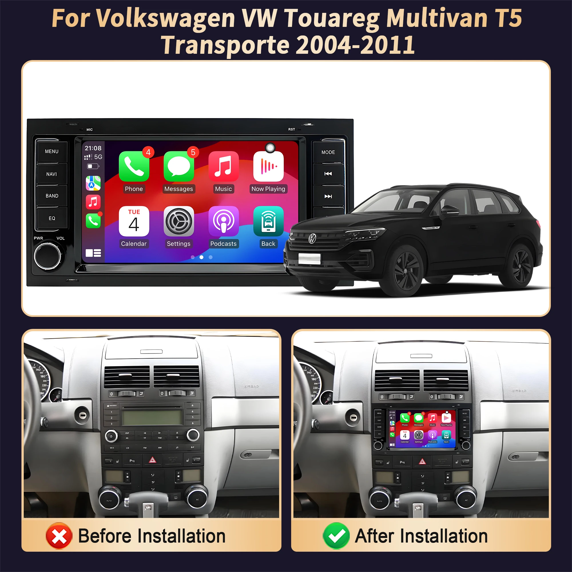 7 inch Car Radio For Volkswagen VW Touareg Multivan T5 Transporte 2004-2009 2010 2011 Wireless BT CarPlay Head Unit Touch Screen view 2