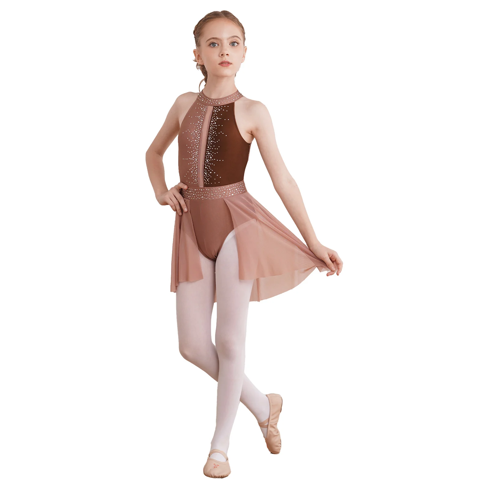 Hot Kids Girls Ballet Dance Costumes Fashion Patchwork Sleeveless Round Collar Dress Shiny Rhinestone Decorated Backless Dresses