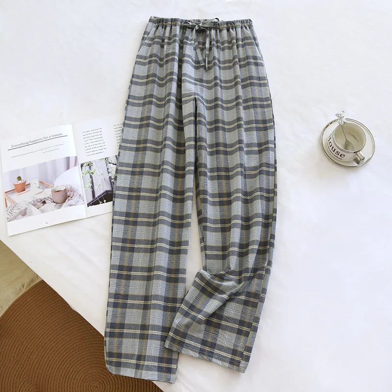 2026 New Spring And Autumn Men's Sleeper Pants 100% Cotton Gauze Japanese Checkered Pants Elastic Waist Home Pants Sleepwear