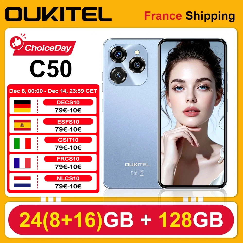 OUKITEL C50 5G Android 14 Smartphone 24GB(8+16) 128GB 5100mAh 50MP+5MP Fotocamera 6.8 ''HD+ Display Impronte digitali Sblocco Telefono cellulare