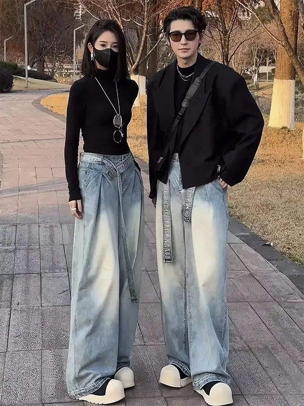 

Светло-голубые джинсы с изогнутым кроем, мужские, в американском ретро-стиле, свободные, широкие штанины, с эффектом драпировки, молодежный тренд, весна-осень