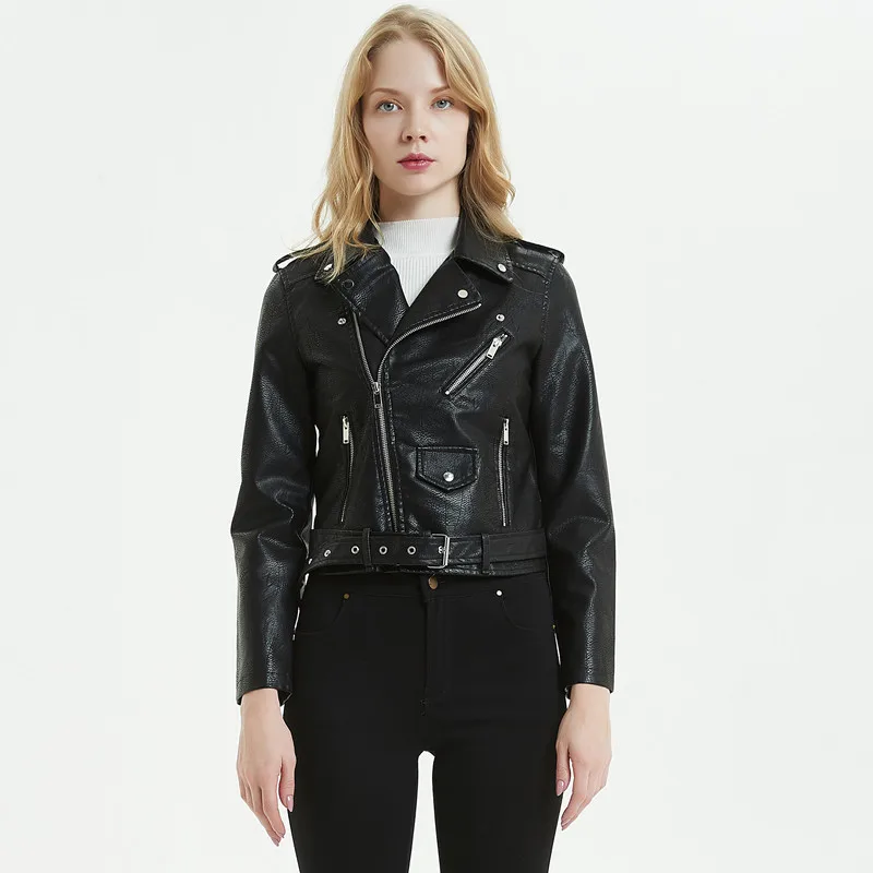 Blouson similicuir femme noir, court et lisse, à manches longues, pour motard, automne hiver 2024