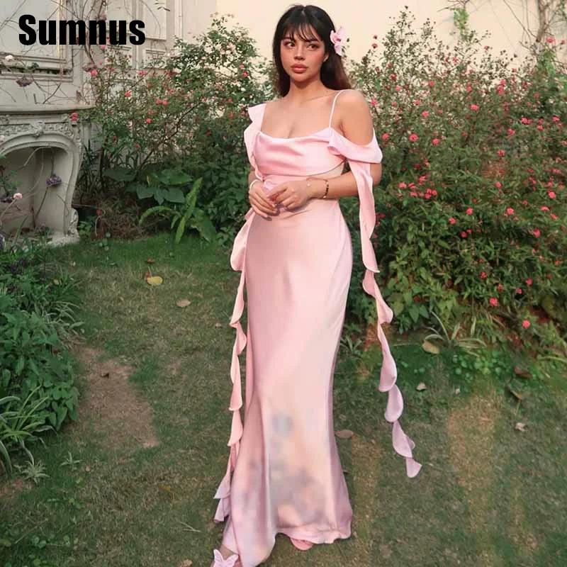 

Sumnus Modern Mermaid Pink Prom Gowns Off Shoulder Spaghetti Strap Floor Length Party Dresses فساتين سهرة Customized