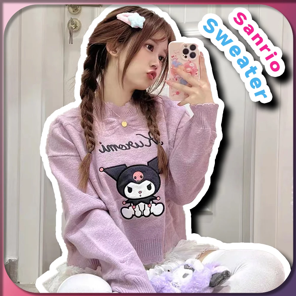 Kawaii Kuromi Women Embroider Pullover Sanrio Anime Cinnamoroll Pompompurin Fashion My Melody Girls Ruffle Knit Sweater