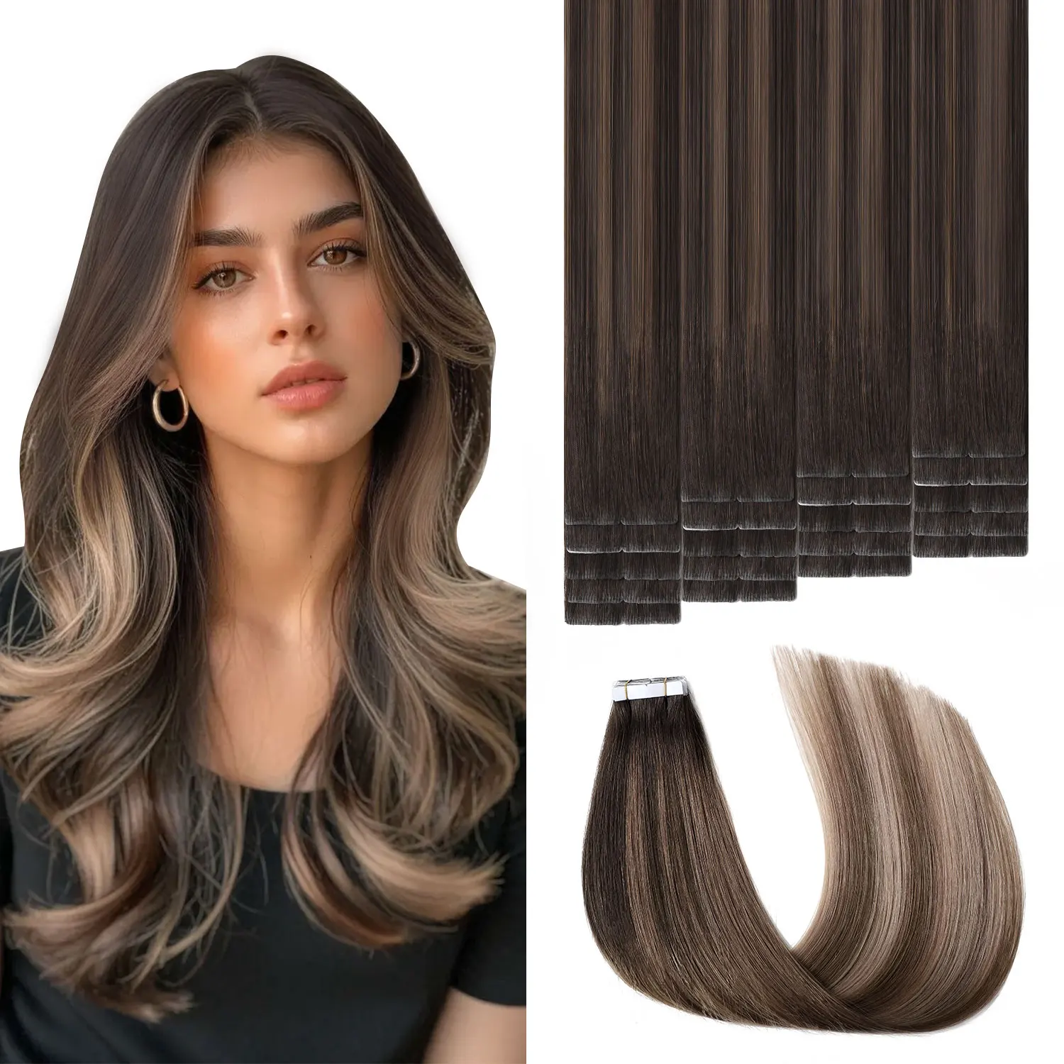 Sweetmet Invisible Tape Hair Extensions 20pcs 14-22 Inch Real Human Hair #2/6/18 Dark Brown to Dirty Blonde 3rd Generation Hand-Tied Remy Quality Invisi Edge