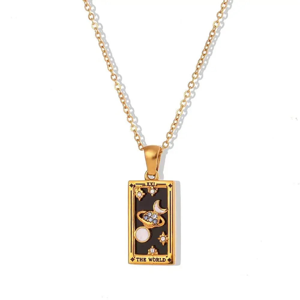 Tarot The Wheel of Fortune Pendant Necklace 18K Gold Stainless Steel Square Card Necklace Crystal Jewelry Gift for Women
