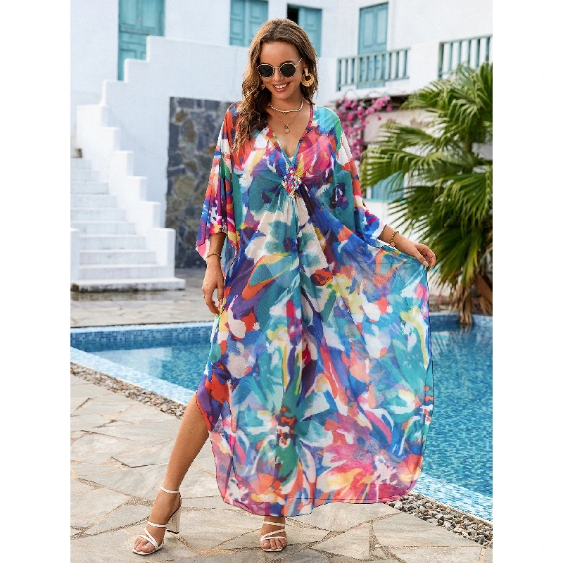 Robe de plage en maille à fleurs pour femmes, cover-up sexy pour maillots de bain, kaftan transparent pour les vacances, offre spéciale, livraison directe