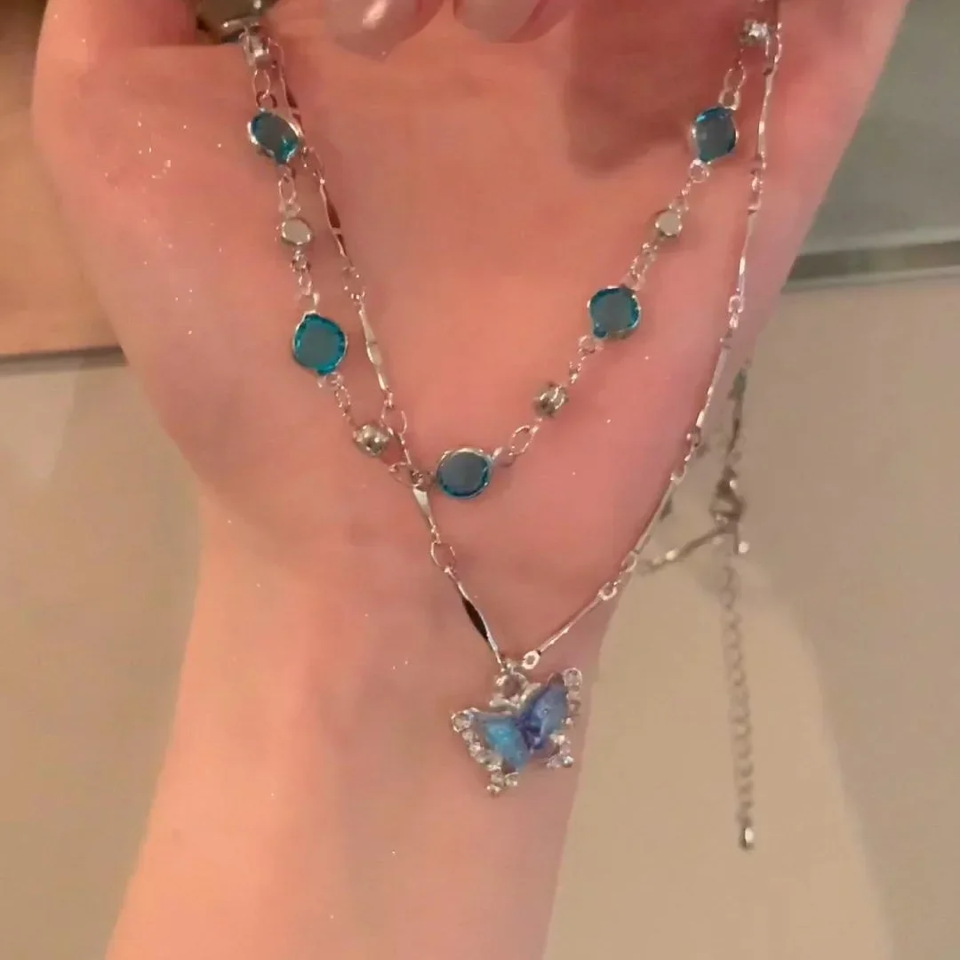 Double Stacked Blue Butterfly Zircon Necklace Light Luxury High-End Collarbone Chain Fashion Design Niche Summer Accessories