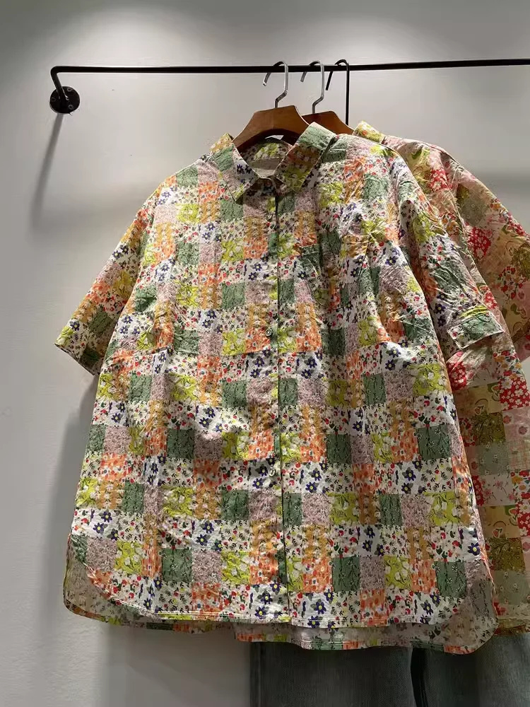 

Bust 110cm mori girl Japanese rustic flower patchwork shirts short sleeve blouses for women plus size 100% cotton tops