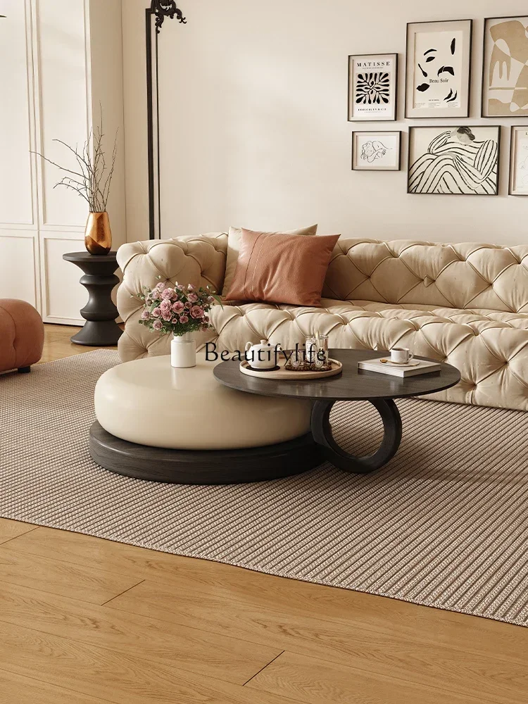 88.Cream Style Retro French Coffee Table Small Apartment Solid Wood Modern Simple round Tea Table