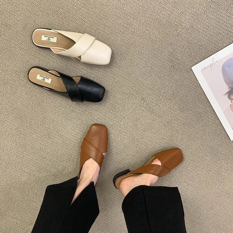 Cover Toe Shoes Mules For Women 2025 Female Slippers Square heel Med Slides Shallow Fashion New Block Luxury Fabric Rubber PU Ho
