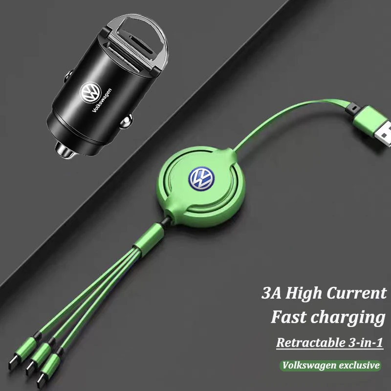 3 In 1 Retractable Data Cable USB Car Charger Head Auto Accessories For Volkswagen VW RLine R Golf Amarok T5 Tiguan T-ROC GTI